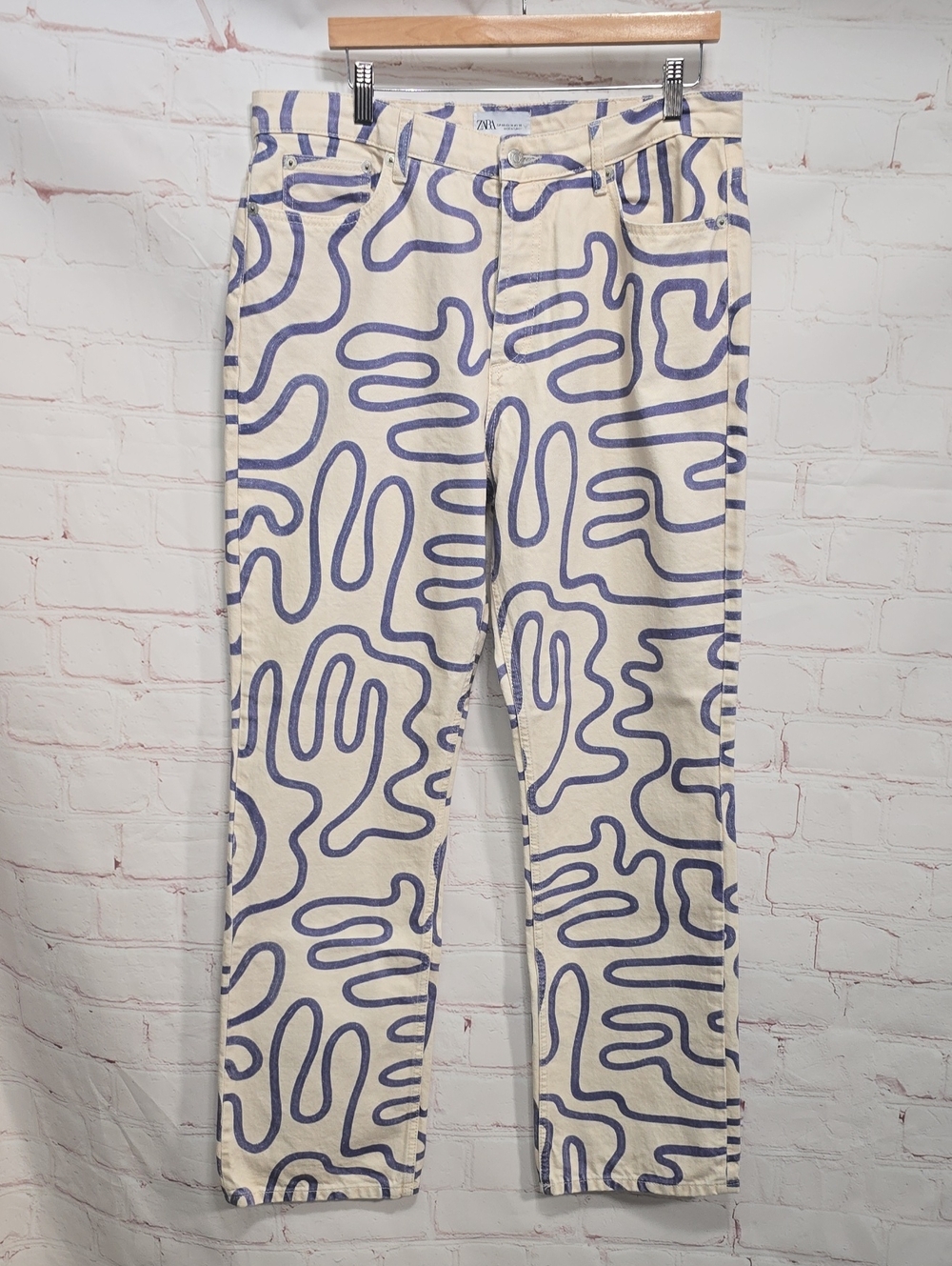 Zara Cream Chinos with Blue Abstract Scribble Print Womens Size 14